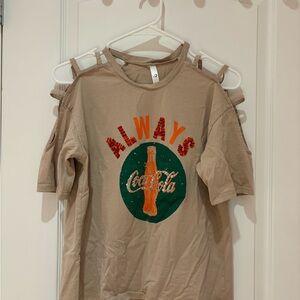 Coca Cola Tan and Red Short Sleeve Tee with Graphic Design